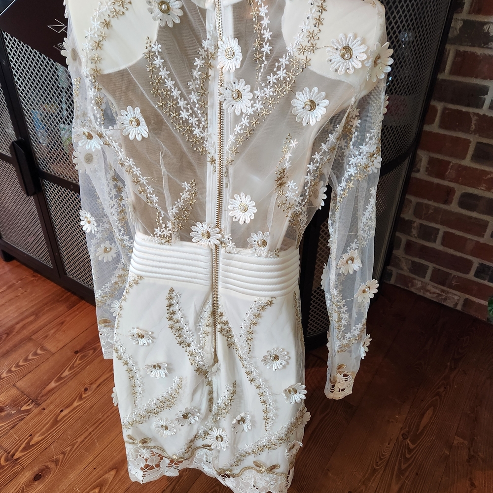 Zhivago Ivory and Gold Embroidered Long Sleeve Dress - Picture 2 of 6